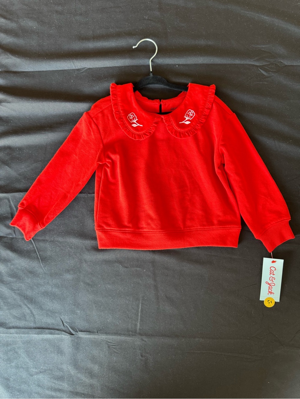 NWT Cat & Jack Toddler Girls Red Peter Pan Collar Rose Embroidered Sweatshirt